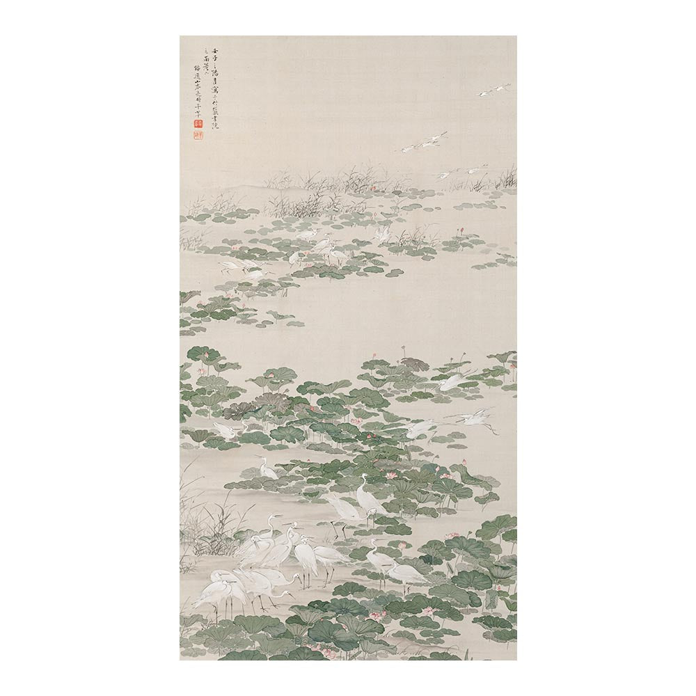 ふすまリメイクシート 拭けるシールタイプ 山本梅逸 蓮池の白鷺 (約185cm×100cm)