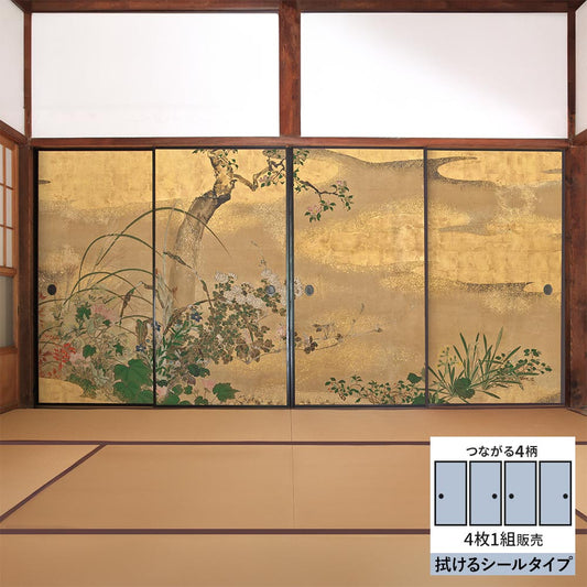 【4枚1組】ふすまリメイクシート 拭けるシールタイプ つながる4柄 渡辺始興 四季花木図屏風