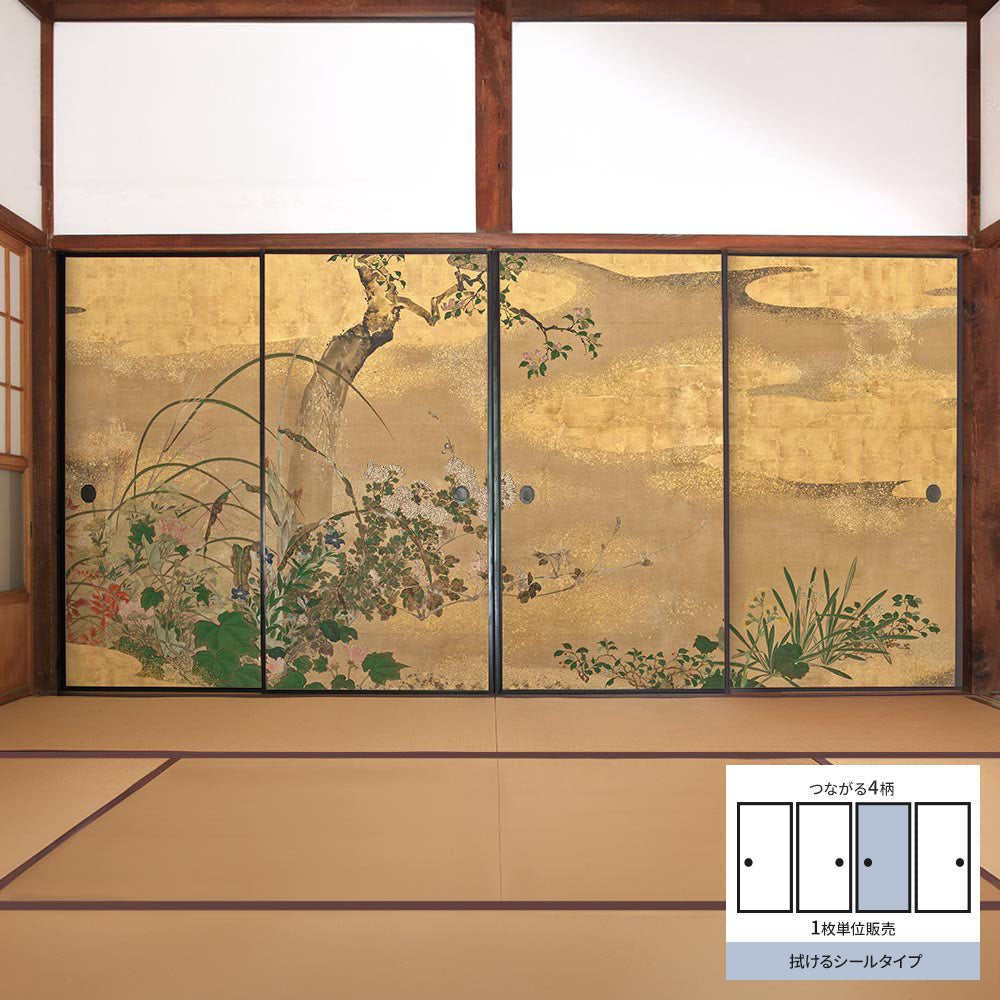 ふすまリメイクシート 拭けるシールタイプ つながる4柄 渡辺始興 四季花木図屏風 C (約185cm×100cm)