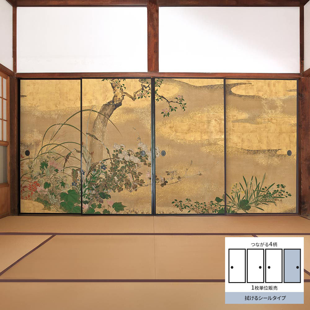 ふすまリメイクシート 拭けるシールタイプ つながる4柄 渡辺始興 四季花木図屏風 D (約185cm×100cm)