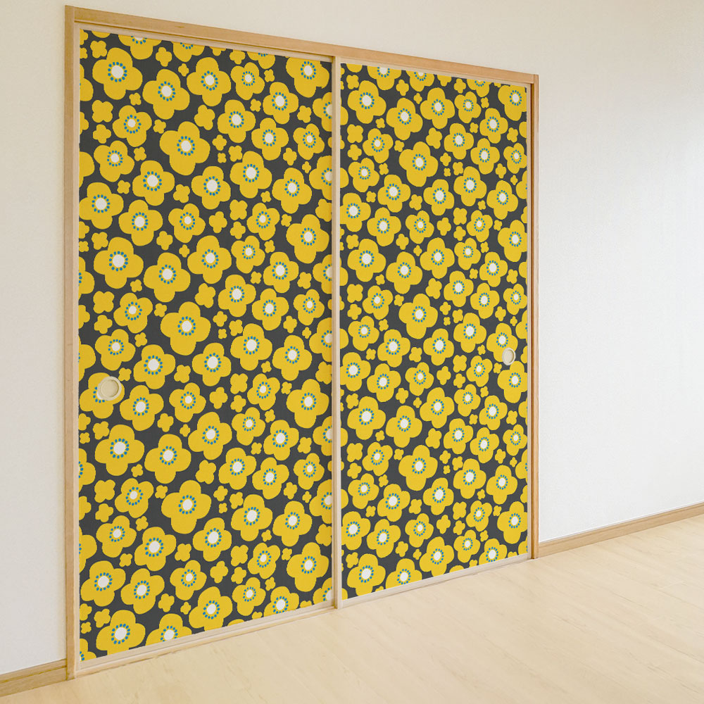 ふすまリメイクシート 拭けるシールタイプ Pioni Dot グレー×イエロー (約185cm×100cm) HMST-PD-01
