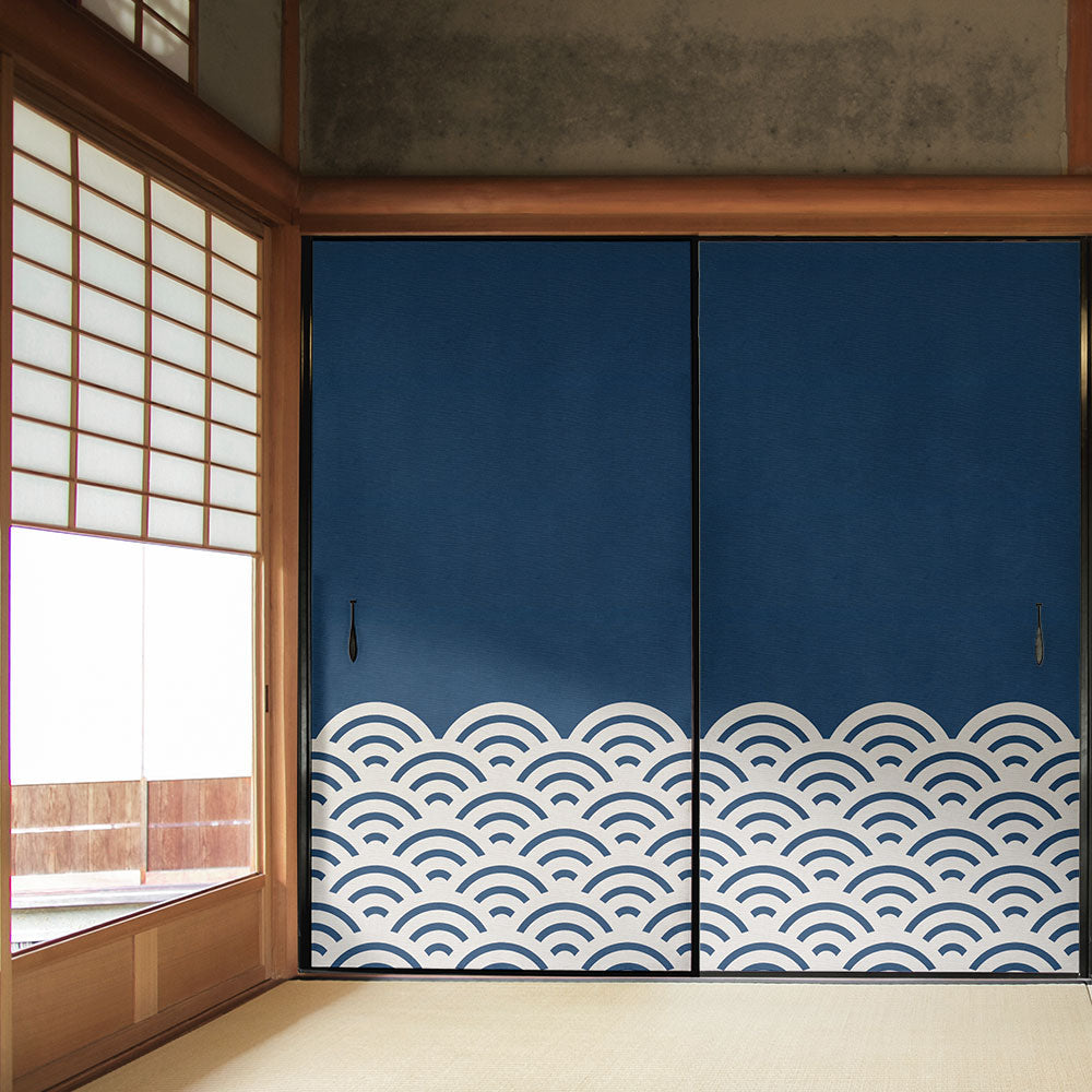 ふすまリメイクシート 拭けるシールタイプ WAGARA 青海波 紺×白 (約185cm×100cm) HMST-WF-02