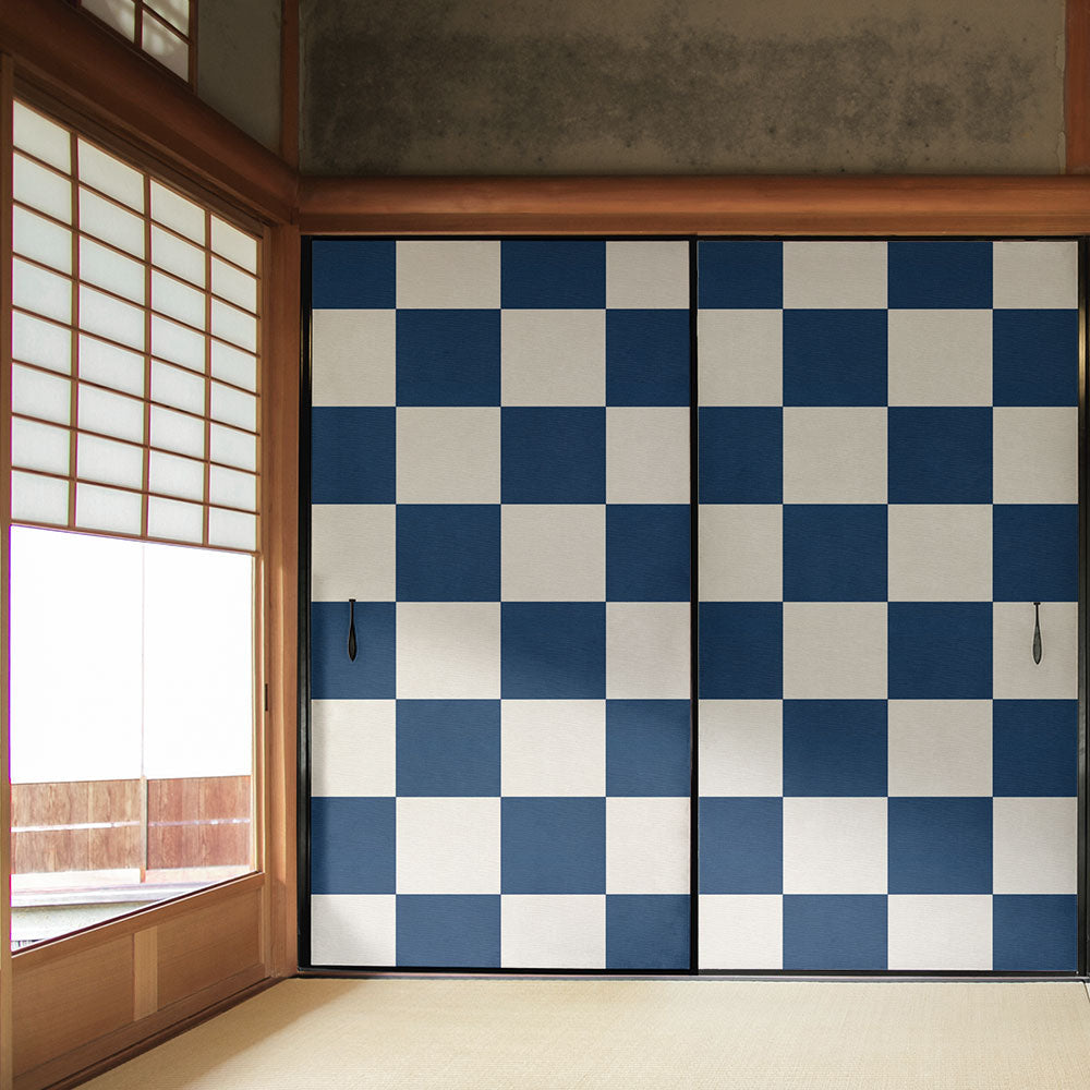 ふすまリメイクシート 拭けるシールタイプ WAGARA 市松 紺×白 (約185cm×100cm) HMST-WF-09