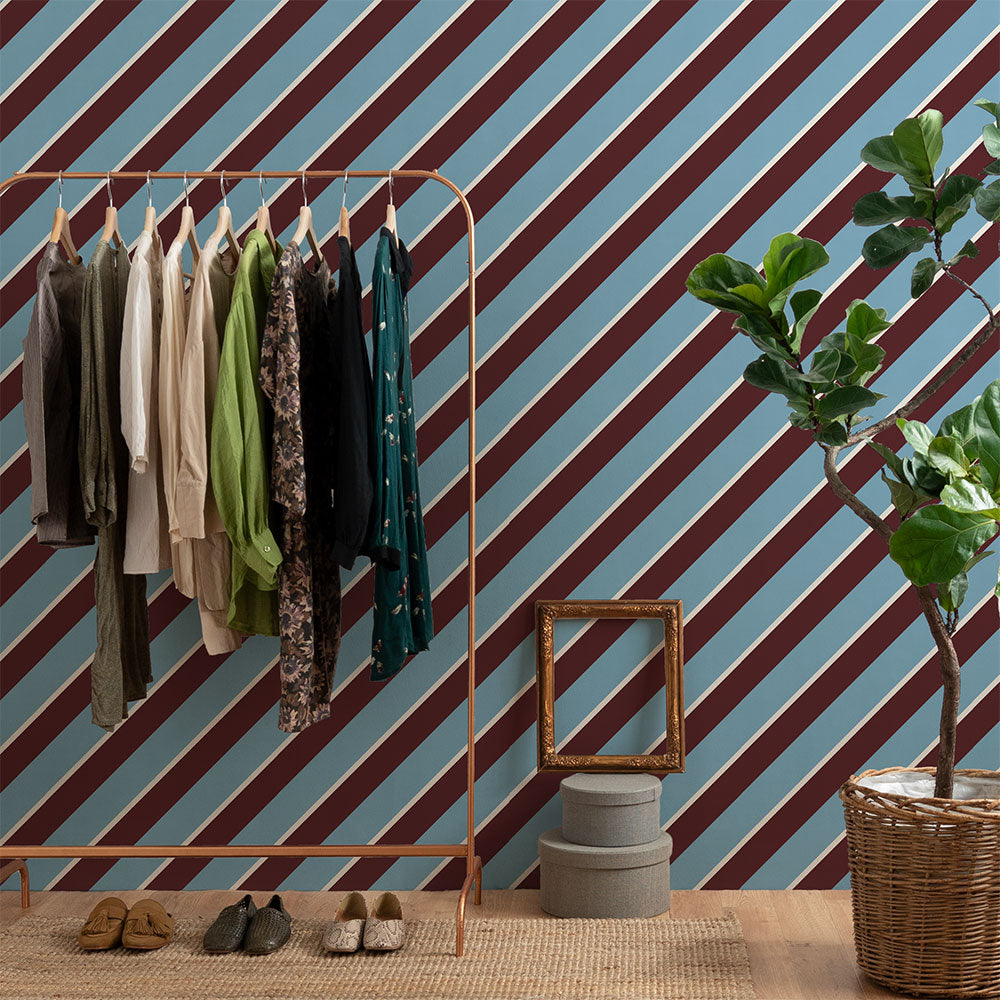 はがせる壁紙 のりなしタイプ アイビーストライプE (49cm×3mサイズ) NKH-ASE02 サックス×ワイン