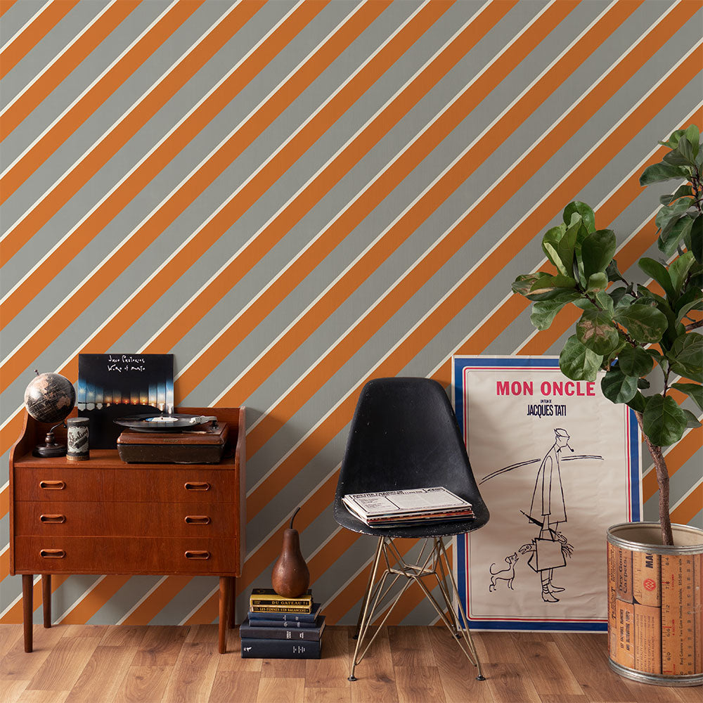 はがせる壁紙 のりなしタイプ アイビーストライプE (49cm×2.5mサイズ) NKH-ASE03 グレー×オレンジ