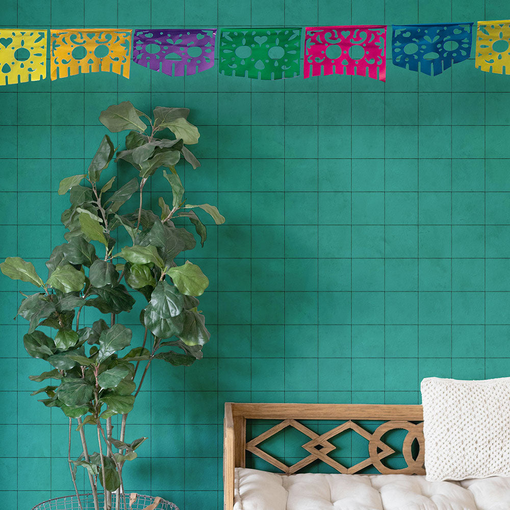 貼りやすいフリース壁紙（のりなし） メキシカントーンタイル (49cm×2.5mサイズ) NKH-MT04 ターコイズ