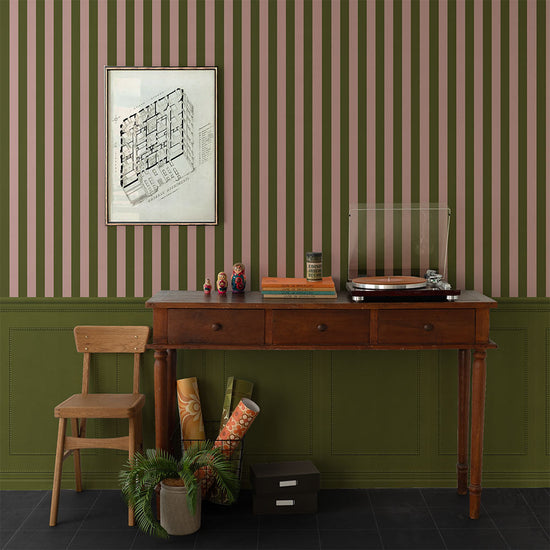 はがせる壁紙 のりなしタイプ ストライプ切り替えパネル (49cm×2.5mサイズ) NKH-SPK04 モスグリーン×ピンク