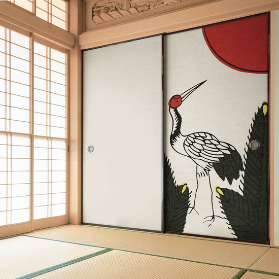 ふすまリメイクシート ふすま紙のりなしタイプ HANAFUDA 松に鶴  (約185cm×94cm) KTST-HF-01