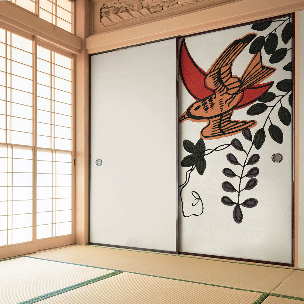 ふすまリメイクシート ふすま紙のりなしタイプ HANAFUDA 藤に不如帰  (約185cm×94cm) KTST-HF-04