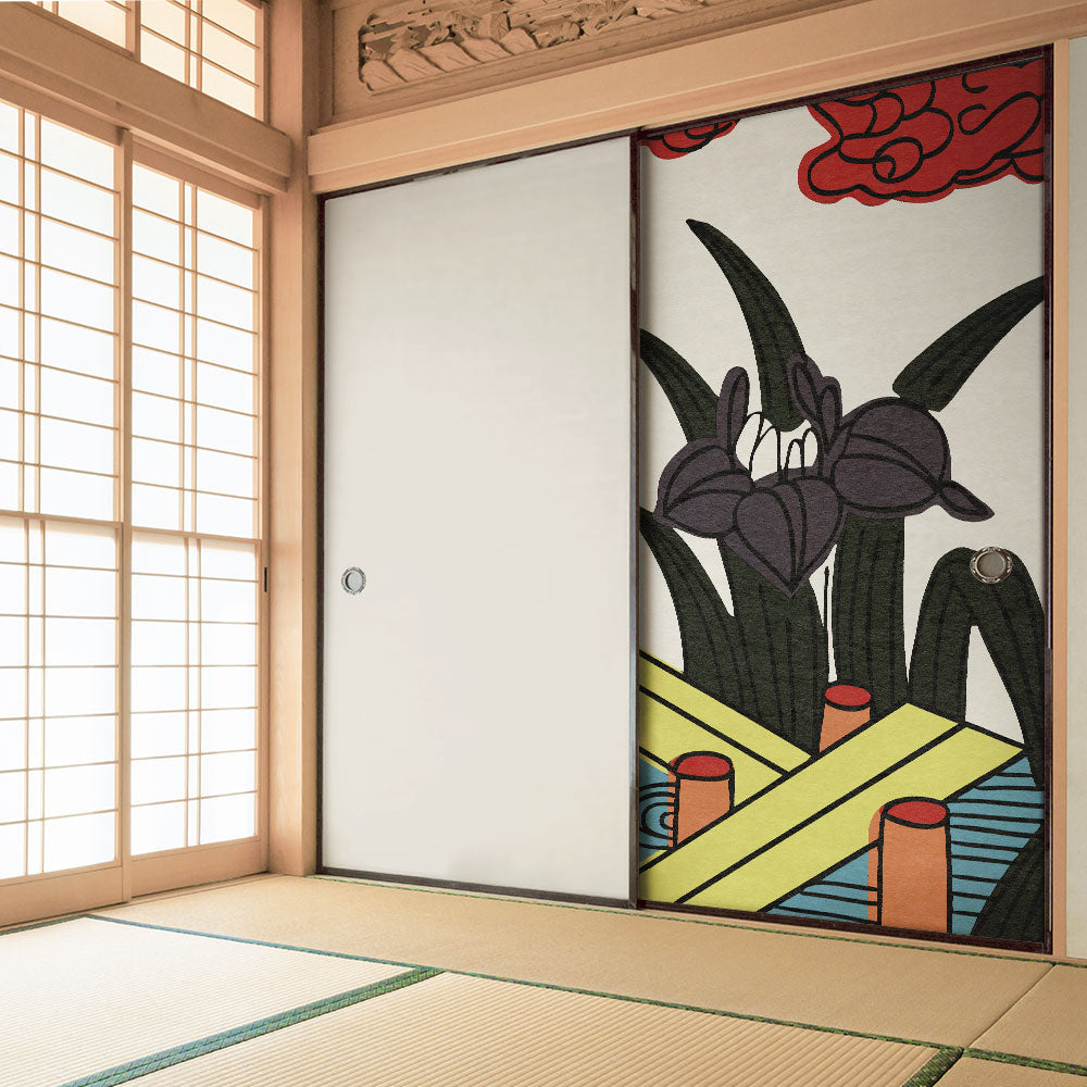 ふすまリメイクシート ふすま紙のりなしタイプ HANAFUDA 菖蒲に八橋  (約185cm×94cm) KTST-HF-05