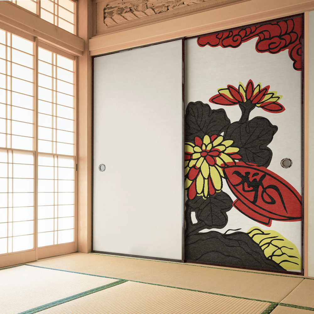 ふすまリメイクシート ふすま紙のりなしタイプ HANAFUDA 菊に盃  (約185cm×94cm) KTST-HF-09