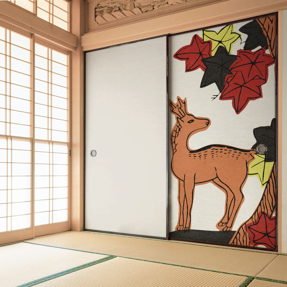 ふすまリメイクシート ふすま紙のりなしタイプ HANAFUDA 紅葉に鹿  (約185cm×94cm) KTST-HF-10
