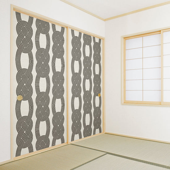 ふすまリメイクシート ふすま紙のりなしタイプ MIZUHIKI あわじ結び 白×墨 (約185cm×94cm) KTST-MF-03