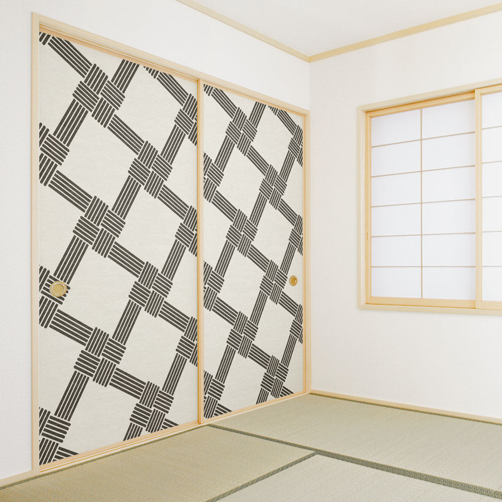 ふすまリメイクシート ふすま紙のりなしタイプ MIZUHIKI 叶結び 白×墨 (約185cm×94cm) KTST-MF-07