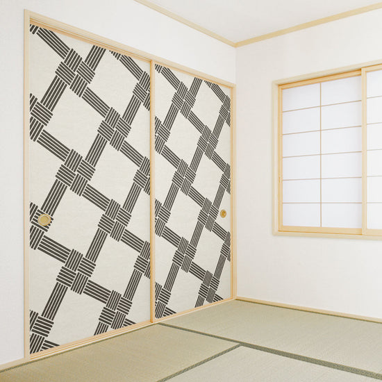 ふすまリメイクシート ふすま紙のりなしタイプ MIZUHIKI 叶結び 白×墨 (約185cm×94cm) KTST-MF-07