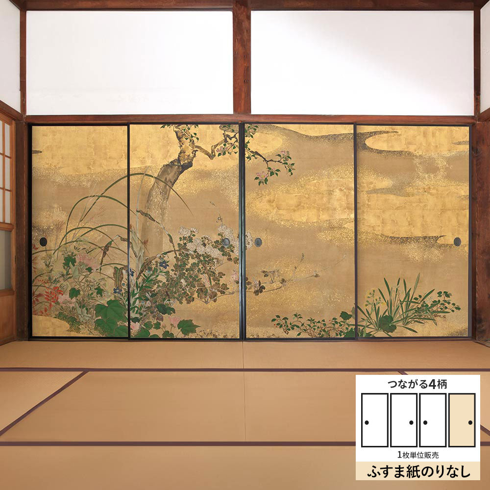 ふすまリメイクシート ふすま紙のりなしタイプ つながる4柄 渡辺始興 四季花木図屏風 D (約185cm×94cm)