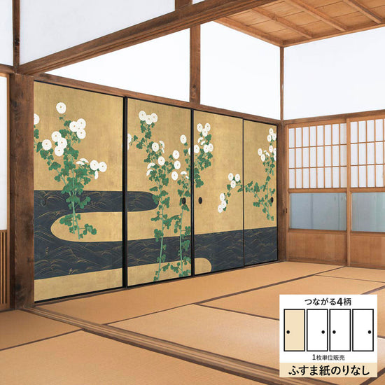 ふすまリメイクシート ふすま紙のりなしタイプ つながる4柄 尾形光琳 菊川水屏風 A (約185cm×94cm)
