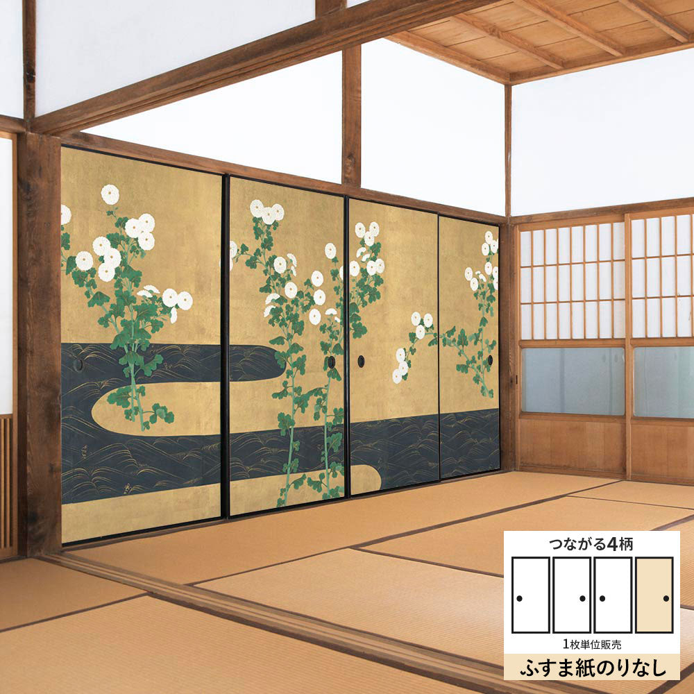 ふすまリメイクシート ふすま紙のりなしタイプ つながる4柄 尾形光琳 菊川水屏風 D (約185cm×94cm)