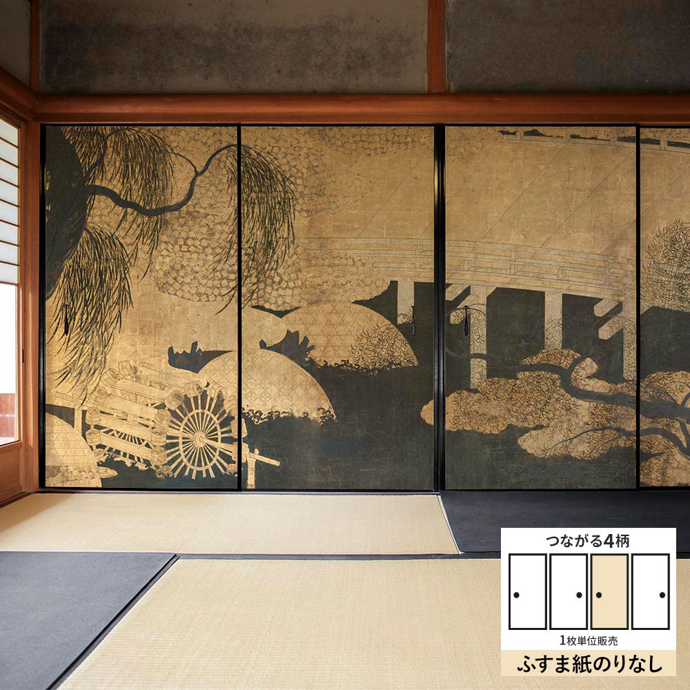 ふすまリメイクシート ふすま紙のりなしタイプ つながる4柄 長谷川等伯 柳橋水車図屏風 C (約185cm×94cm)