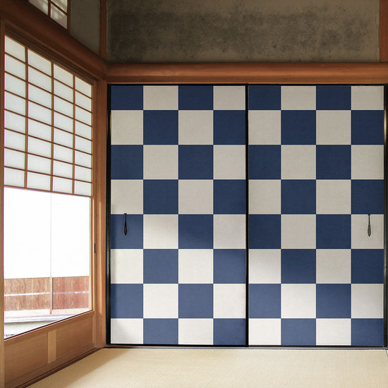 ふすまリメイクシート ふすま紙のりなしタイプ WAGARA 市松 紺×白 (約185cm×94cm) KTST-WF-09
