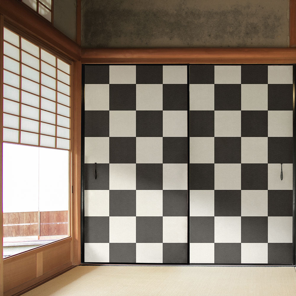ふすまリメイクシート ふすま紙のりなしタイプ WAGARA 市松 墨×白 (約185cm×94cm) KTST-WF-10