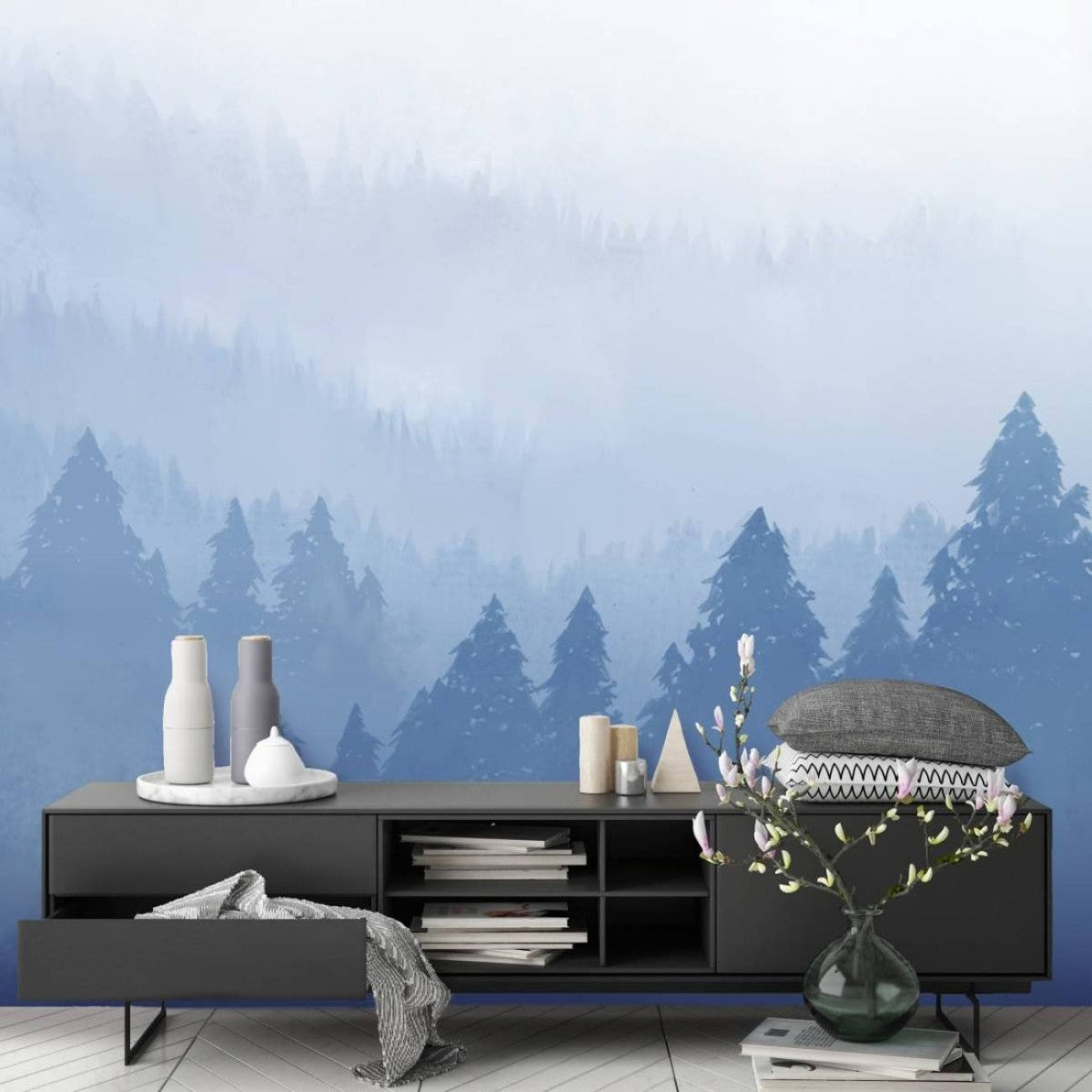 はがせるミューラル壁紙 のりなし Forest Mist Blue NSO-G00069