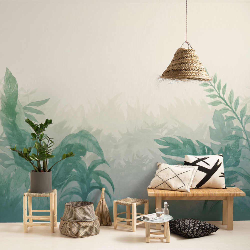 はがせるミューラル壁紙 のりなし Jungle Watercolor Turquoise NSO-G00126