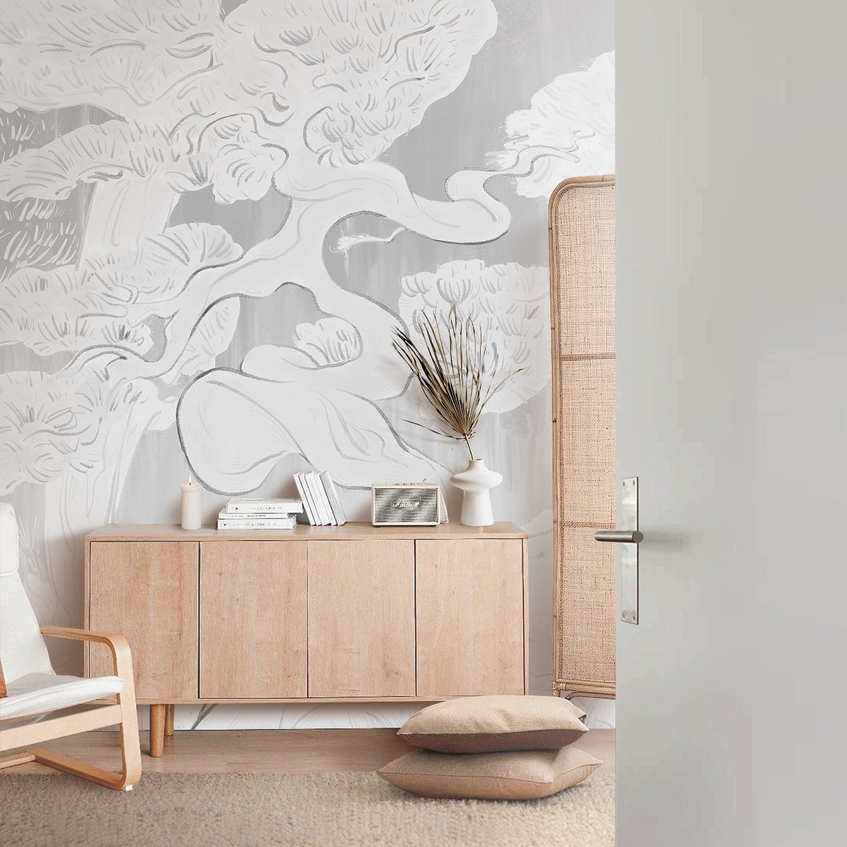 はがせるミューラル壁紙 のりなし Bonsai Garden Silver NSO-G00154