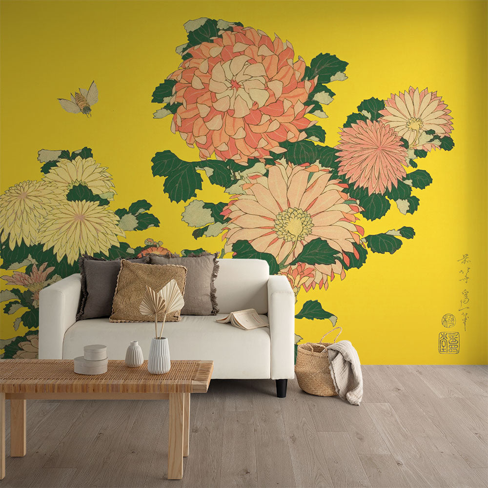 はがせるミューラル壁紙 のりなし 葛飾北斎 菊に虻（イエロー背景） NSO-M00002