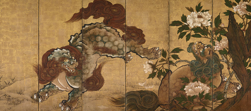 はがせるミューラル壁紙 のりなし 山口 雪渓 牡丹に唐獅子と竹に虎図屏風 右隻