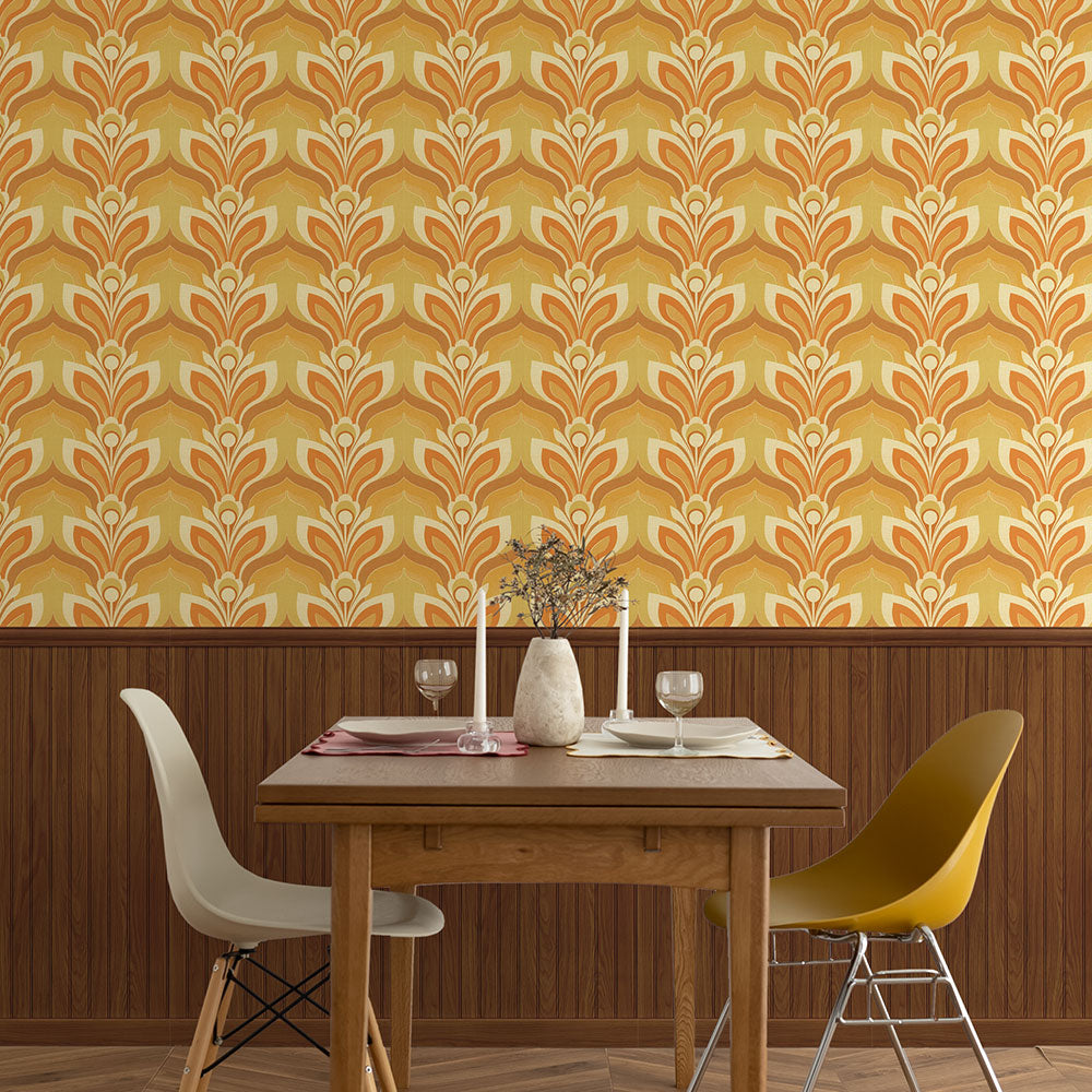 レトロなオレンジの幾何学デザインとウッドパネル