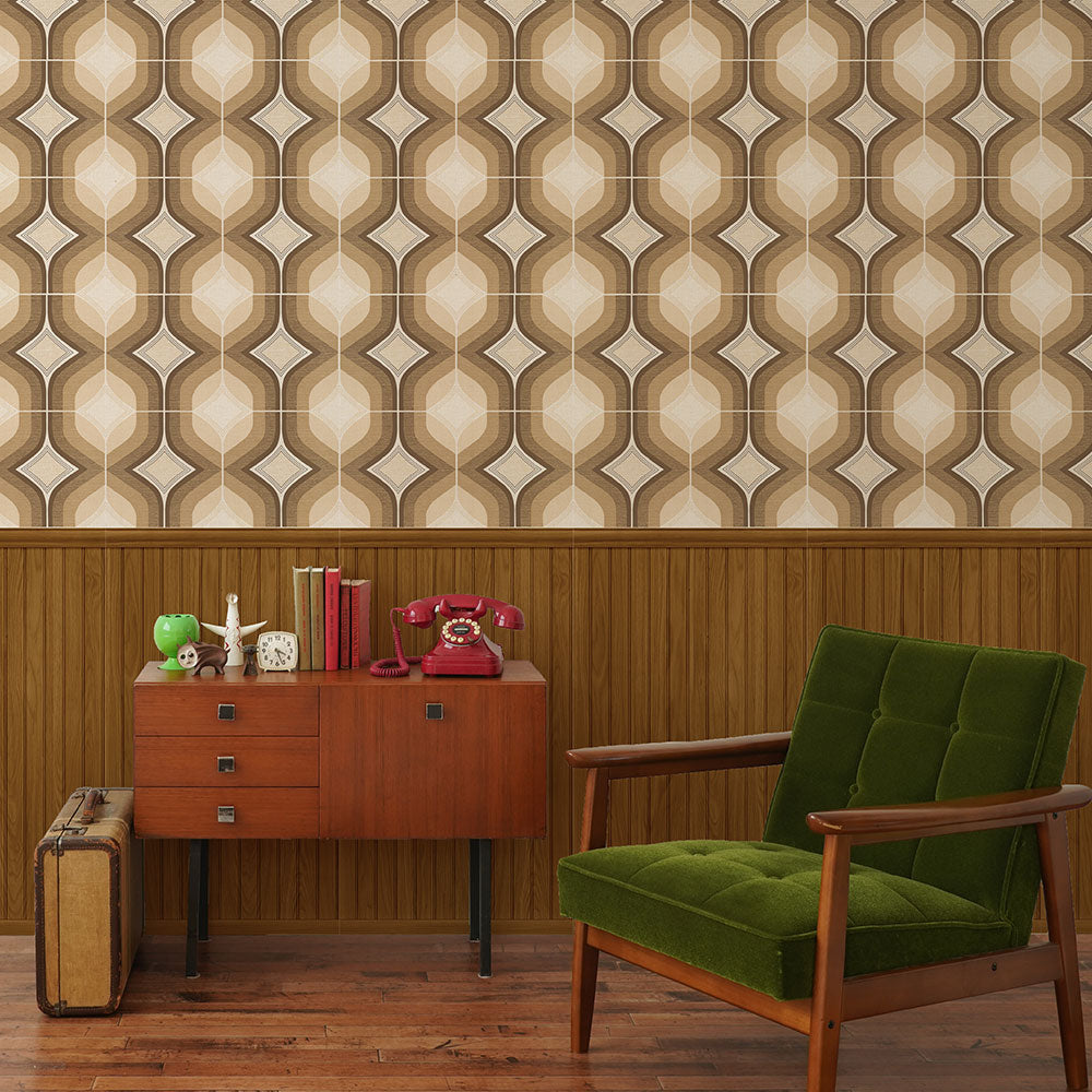 ベージュの幾何学柄とウッドパネル