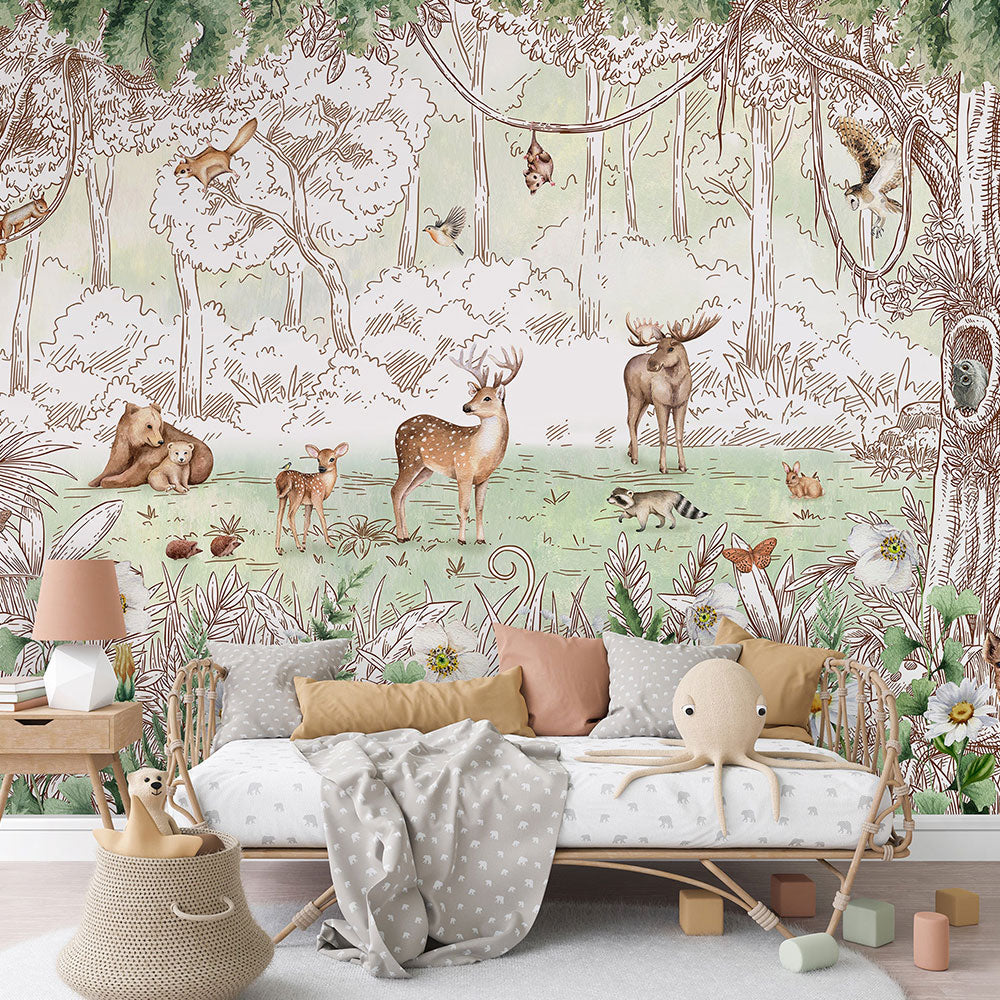 はがせるミューラル壁紙 のりなし KIKKI BELLE Forest Friends Spring W13315