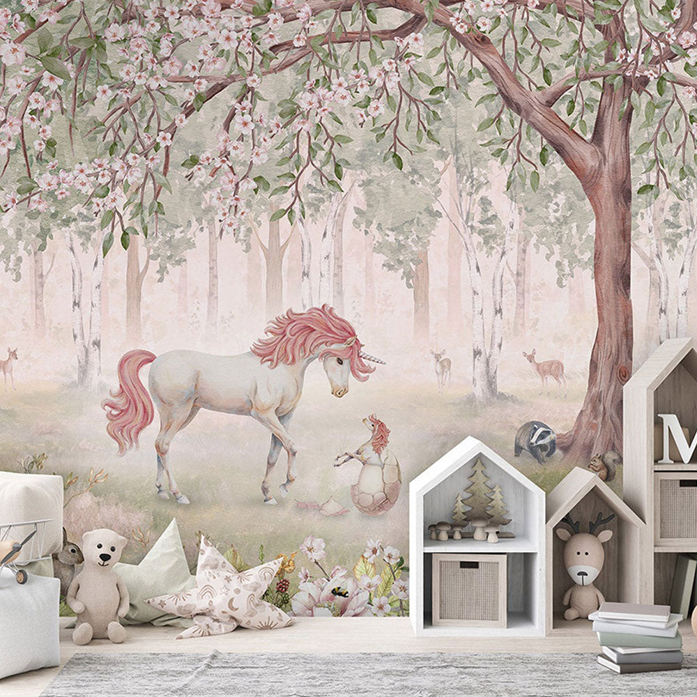 はがせるミューラル壁紙 のりなし KIKKI BELLE Unicorn Forest Green W13916