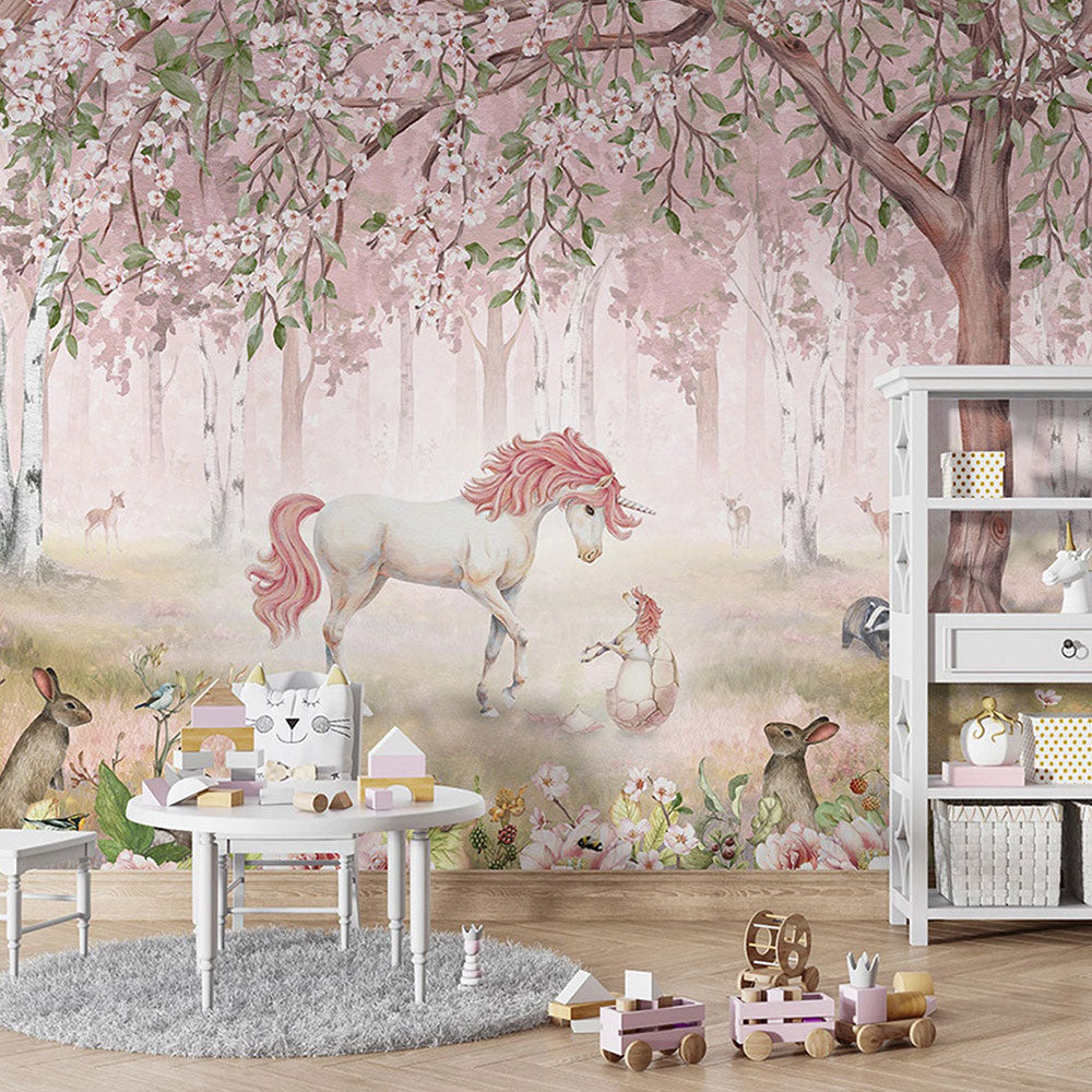 はがせるミューラル壁紙 のりなし KIKKI BELLE Unicorn Forest Pink W13917