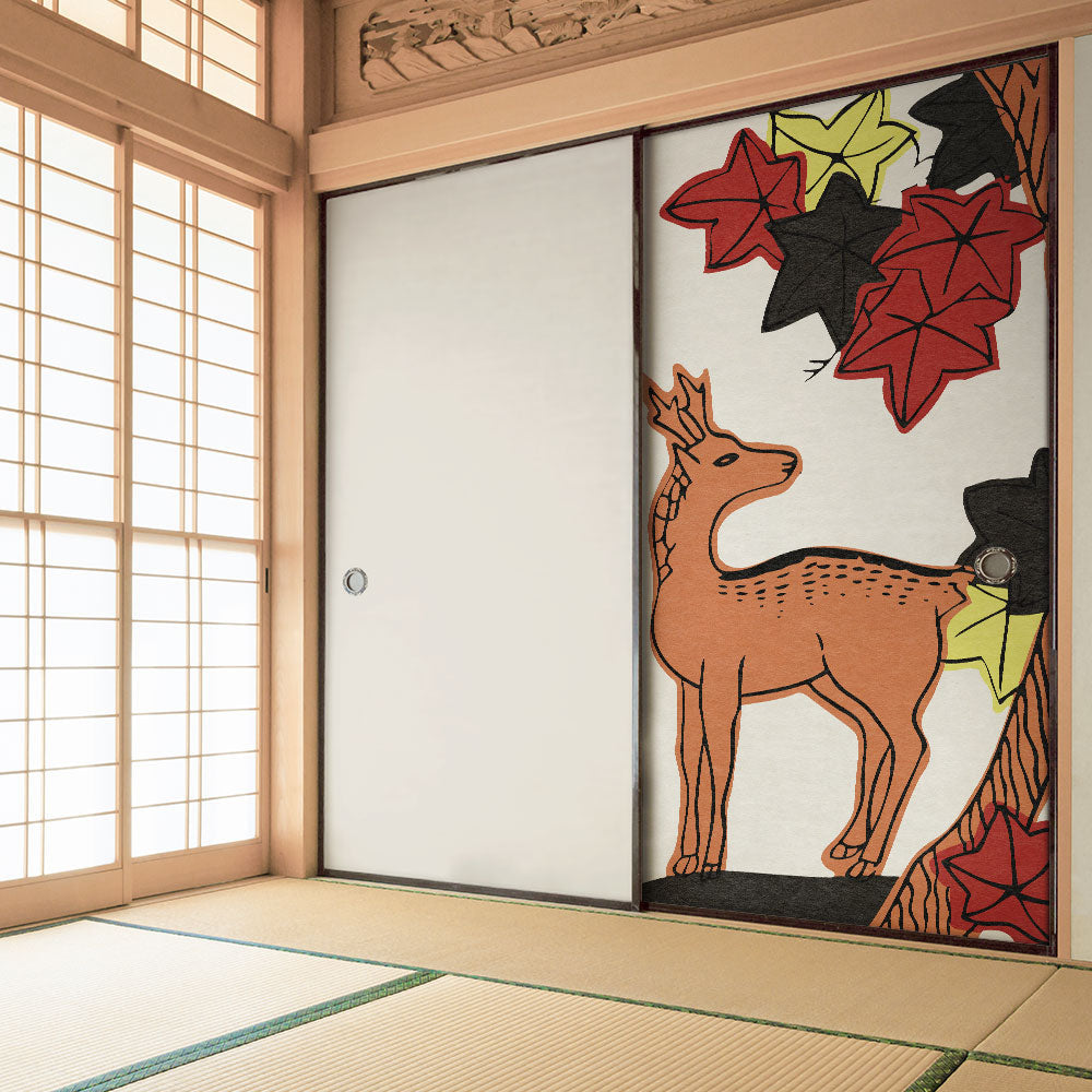 ふすまリメイクシート 消臭シールタイプ HANAFUDA 紅葉に鹿  (約185cm×94cm) SSFC-HF-10