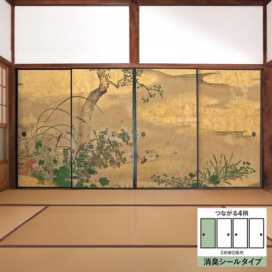 ふすまリメイクシート 消臭シールタイプ つながる4柄 渡辺始興 四季花木図屏風 A (約185cm×94cm)
