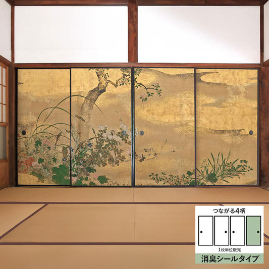 ふすまリメイクシート 消臭シールタイプ つながる4柄 渡辺始興 四季花木図屏風 D (約185cm×94cm)