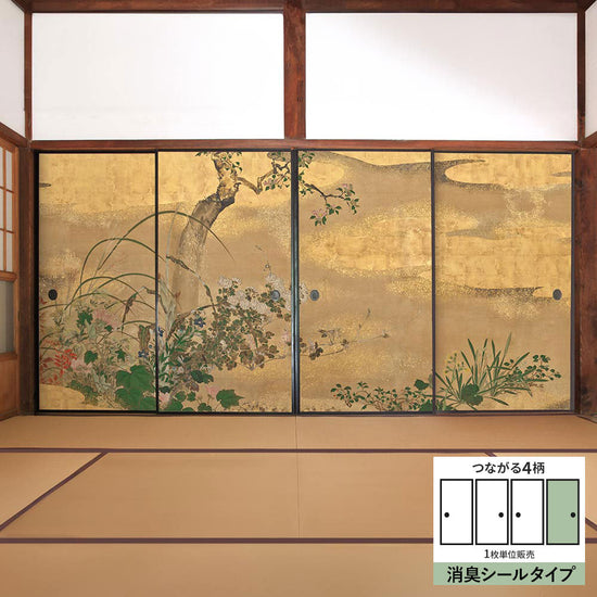 ふすまリメイクシート 消臭シールタイプ つながる4柄 渡辺始興 四季花木図屏風 D (約185cm×94cm)