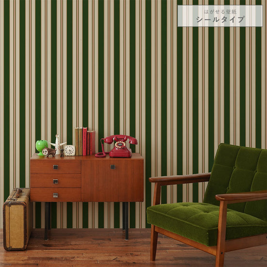 はがせる壁紙 シールタイプ アイビーストライプD (49cm×3mサイズ) TKH-ASD02 グリーン