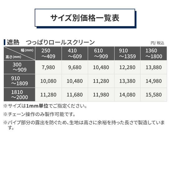 サイズ別価格一覧表