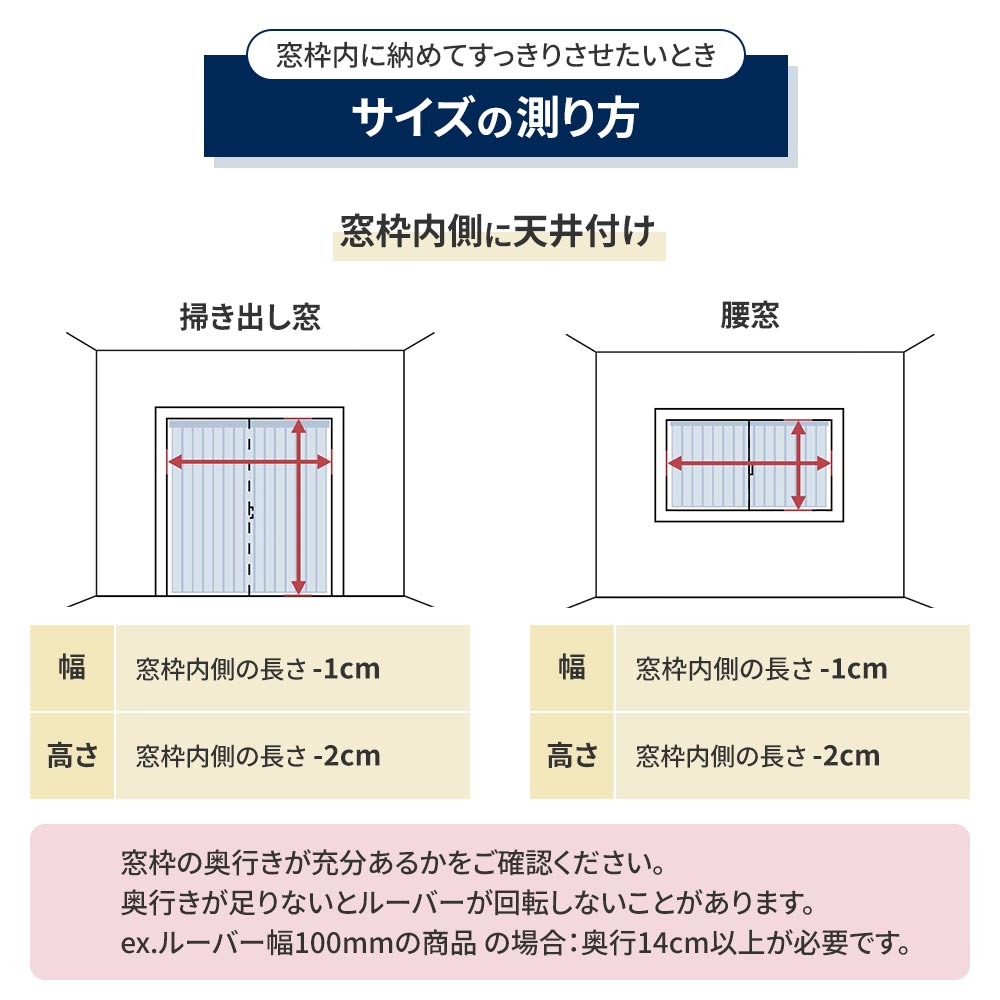 サイズの測り方 窓枠内側に天井付けする場合