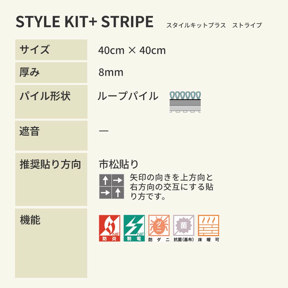 洗えるタイルカーペット サンゲツ  STYLE KIT+ STRIPE 【1ケース(10枚入)単位で販売】 KIT-1621 ベージュ 吸着タイプ 床暖房対応