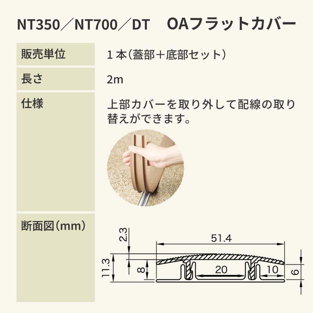 タイルカーペット用 配線カバー サンゲツ NT350 NT700 DT OAフラットカバー 【1本（蓋部＋底部）単位】OA-2 ブラック