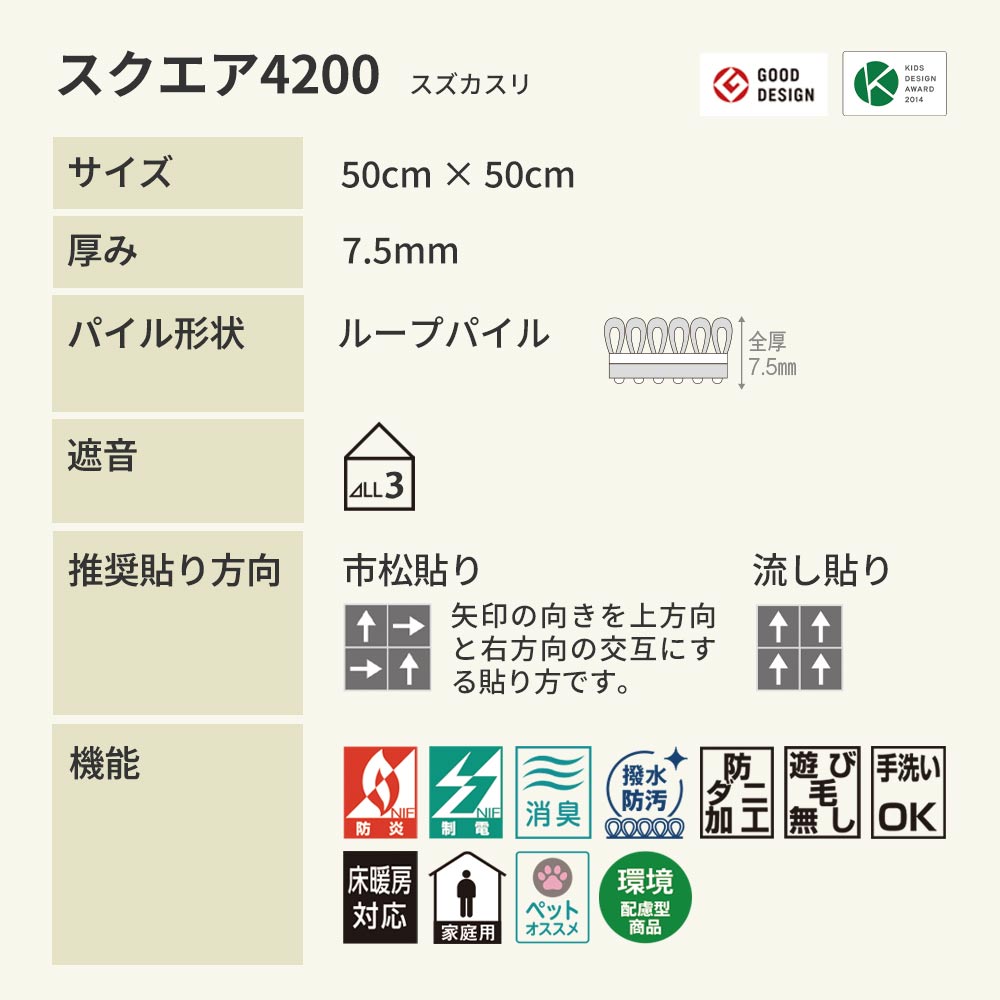 洗えるタイルカーペット 東リ ファブリックフロア スクエア4200 スズカスリ 【1ケース(10枚入)単位で販売】 FF4202 黄茶絣 吸着タイプ 床暖房対応