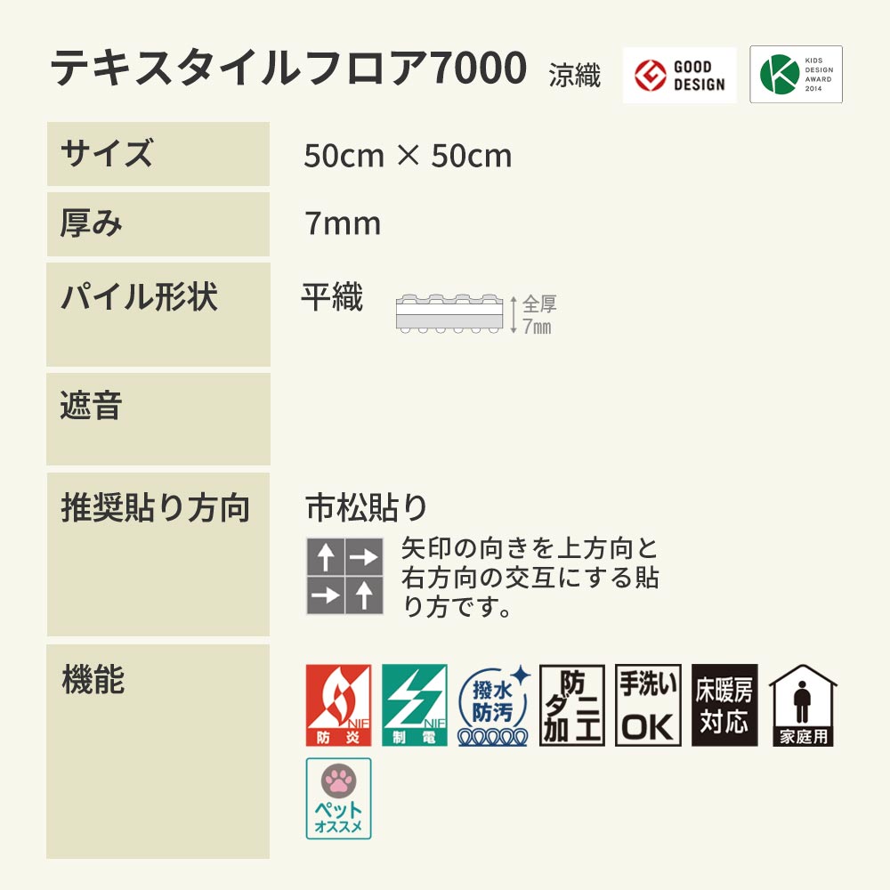 洗えるタイルカーペット 東リ ファブリックフロア テキスタイルフロア7000 涼織 【1ケース(10枚入)単位で販売】 FF7001 きなり 吸着タイプ 床暖房対応