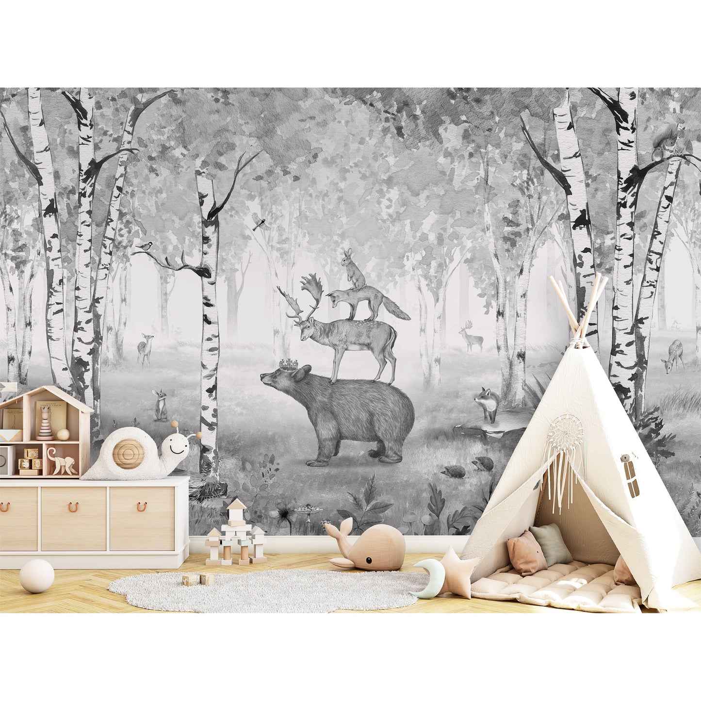 はがせるミューラル壁紙 のりなし KIKKI BELLE Bear King Black and white W13297