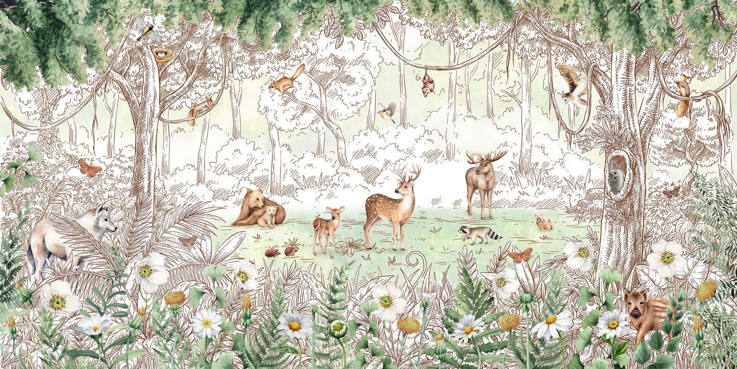 はがせるミューラル壁紙 のりなし KIKKI BELLE Forest Friends Spring W13315