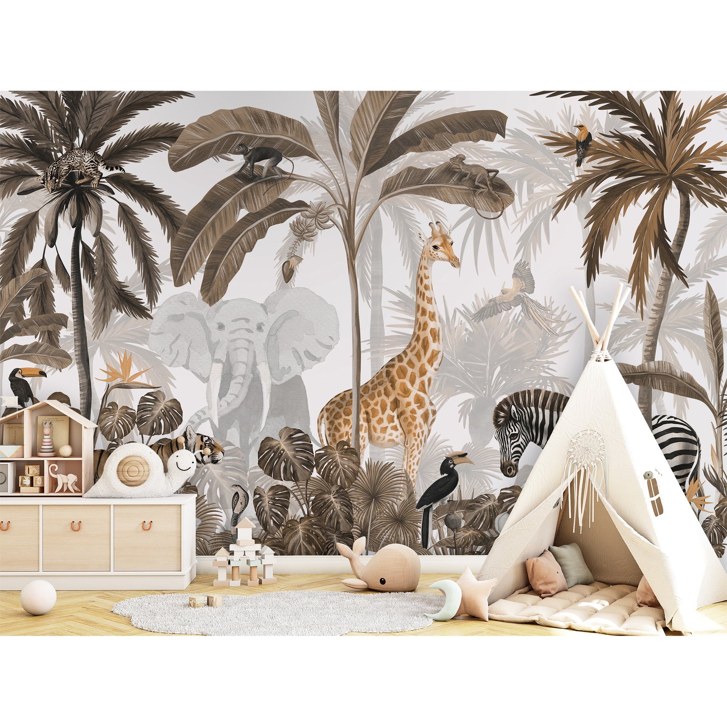 はがせるミューラル壁紙 のりなし KIKKI BELLE Jungle Jive Sepia W13324