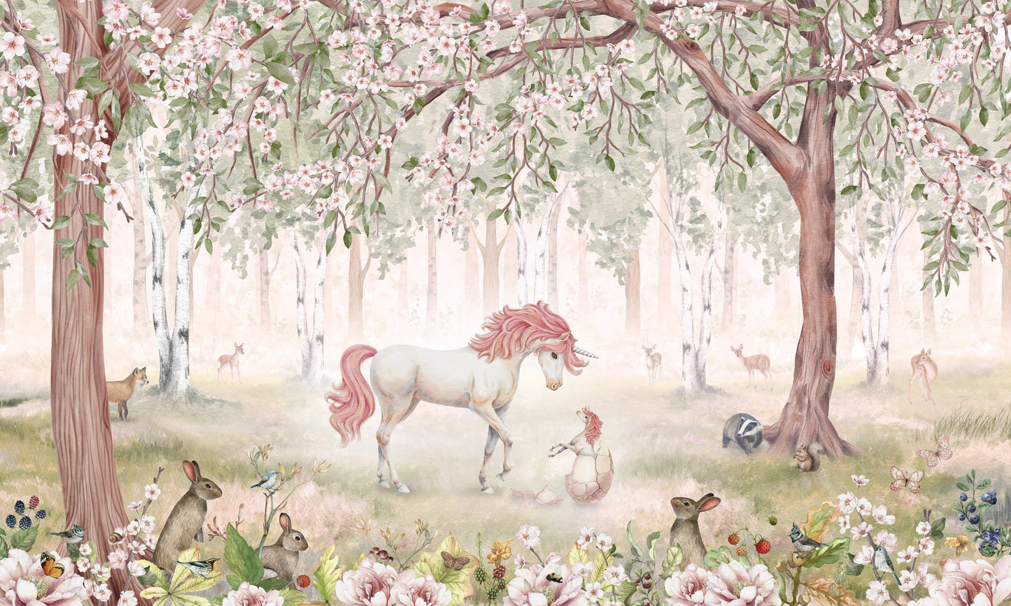 はがせるミューラル壁紙 のりなし KIKKI BELLE Unicorn Forest Green W13916